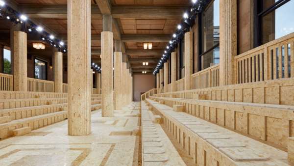 時(shí)裝發(fā)布展覽活動(dòng)現(xiàn)場(chǎng)用不同紋路的木頭創(chuàng)造了視覺差異，經(jīng)典而不無(wú)聊