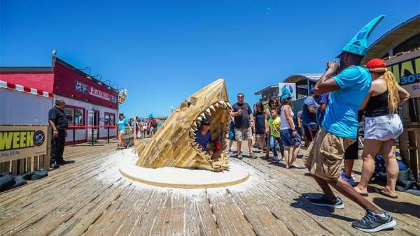 探索頻道「鯊魚(yú)周」30周年的推廣活動(dòng)策劃了一場(chǎng)鯊魚(yú)藝術(shù)裝置